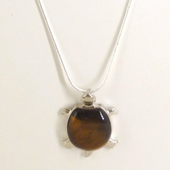 Sea Turtle Pendant Necklace Tiger's Eye & Silver Plate 22" Chain Mint NWOT M578 - Picture 5 of 5